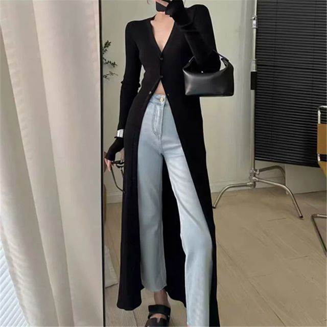 Asiris-Long Sleeve V-Neck Plain Long Cardigan