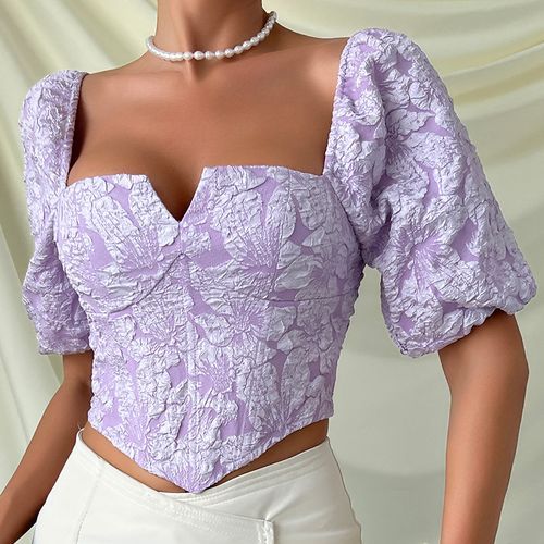 maplerain - Puff-Sleeve Floral Cropped Corset Top