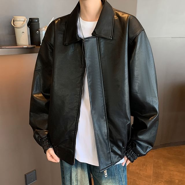 Hushgrain-Collared Faux Leather Zip-Up Jacket