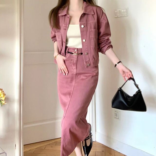 HOT Midi Skirt Pink Denim Skirt And Jacket Yohana Collared