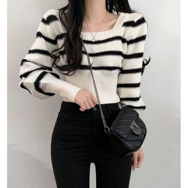 Sisyphi-Puff-Sleeve Square-Neck Striped Sweater