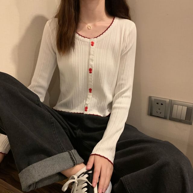 Sisyphi-Contrast Trim Ribbed Button-Up Cardigan