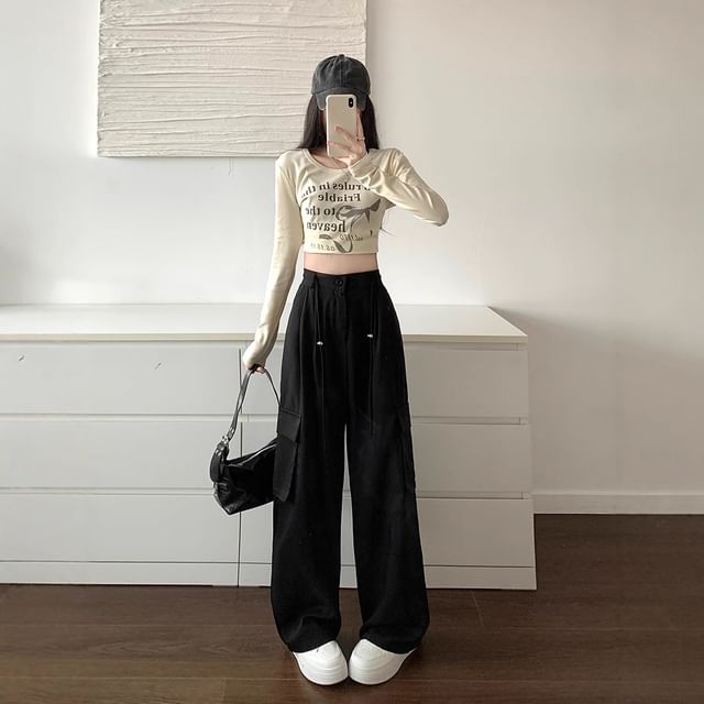 Dovitade-High Waist Plain Baggy Cargo Pants