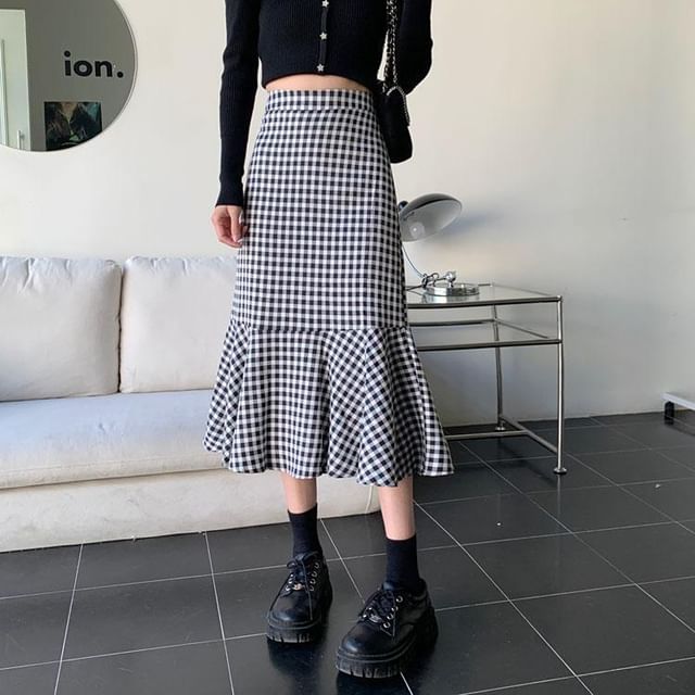 Hevnir-High Waist Gingham Midi Mermaid Skirt
