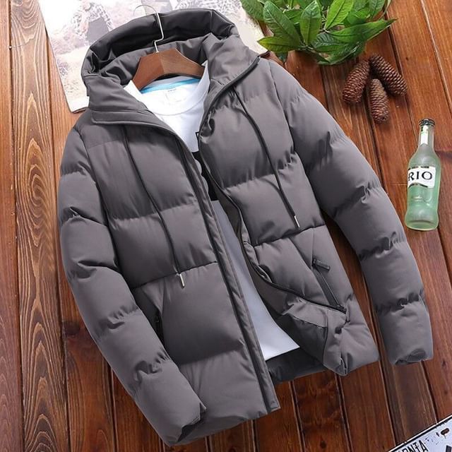 YIKES-Stand Collar Plain Hood Zip Puffer Jacket