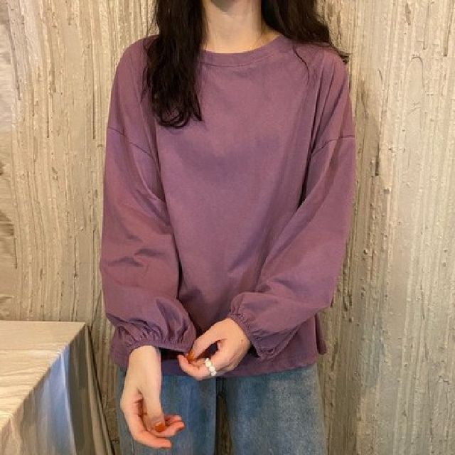 Hevnir-Long-Sleeve Round Neck Plain Oversized T-Shirt