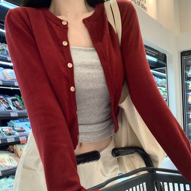 Bolgivy-Round Neck Plain Cardigan