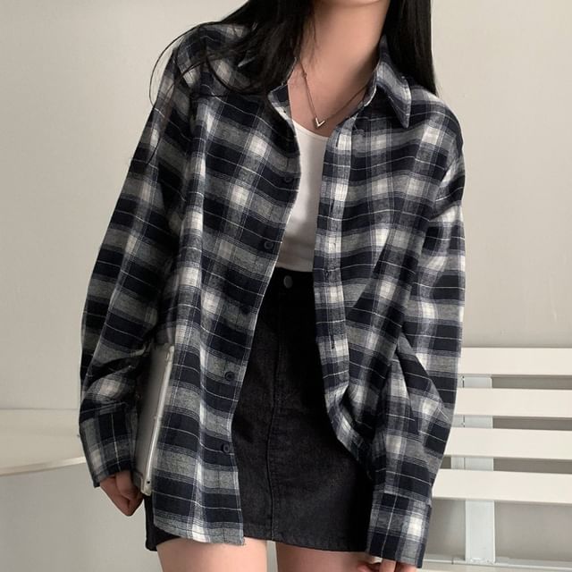 innomori-Long-Sleeve Plaid Button-Up Shirt