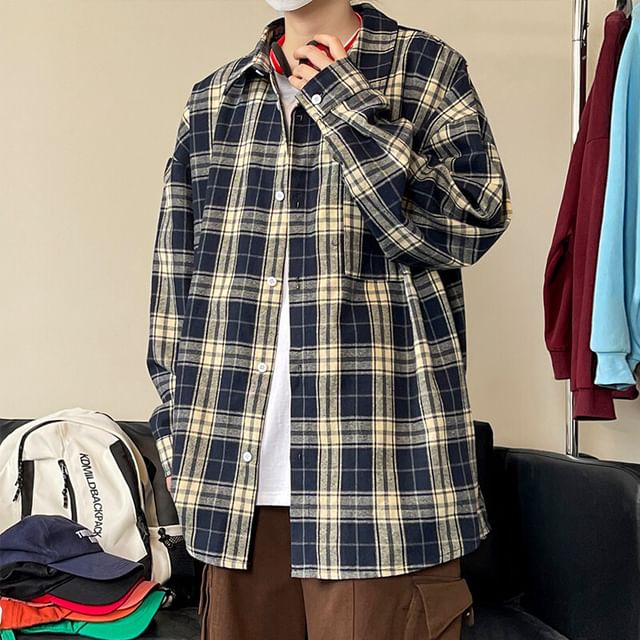Obikan-Long-Sleeve Collared Plaid Oversized Button Up Shirt