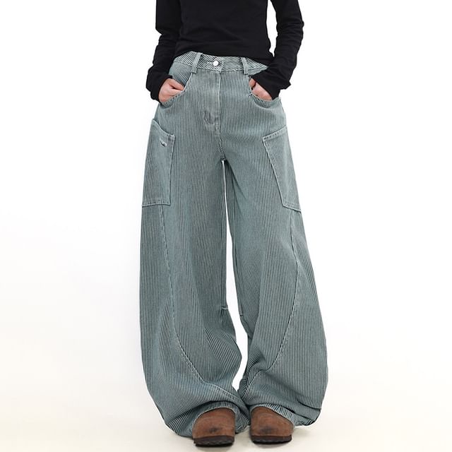 Adothuiastic-Mid Rise Striped Wide Leg Cargo Jeans