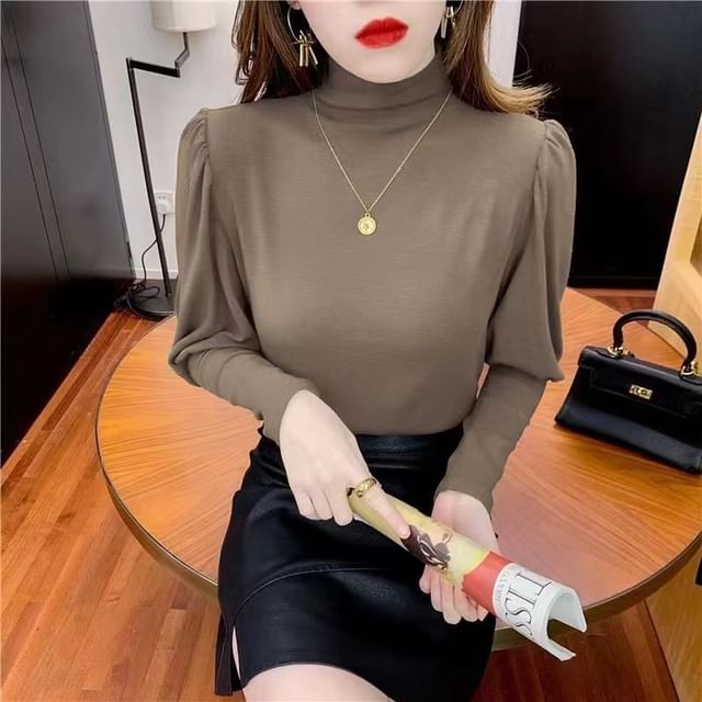 Everose-Balloon-Sleeve Mock Neck Plain Blouse