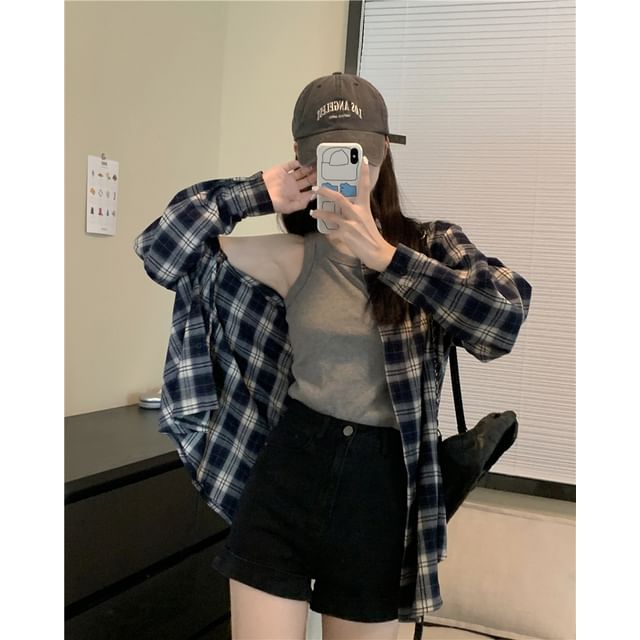 Beem-Collar Plaid Button Shirt Jacket