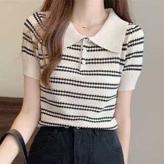 Sisyphi-Short Sleeve Striped Polo Collar Button Up Crop Top