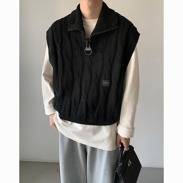 Freehop - Stand Collar Plain Half-Zip Sweater Vest (Various