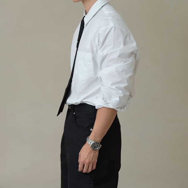 mopagrati-Long-Sleeve Button-Up Plain Shirt