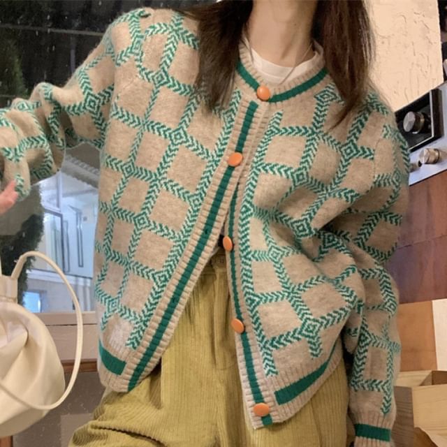 FR-Round Neck Plaid Cardigan