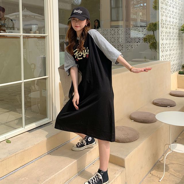 3/4 sleeve midi t shirt dress Vsssj Women 3/4 Sleeve Plain Loose Comfy Midi T-Shirt Dresses Round Neck Solid Color Casual Swing Simple Loungewear Long Dress Blue S, Women's, Size: