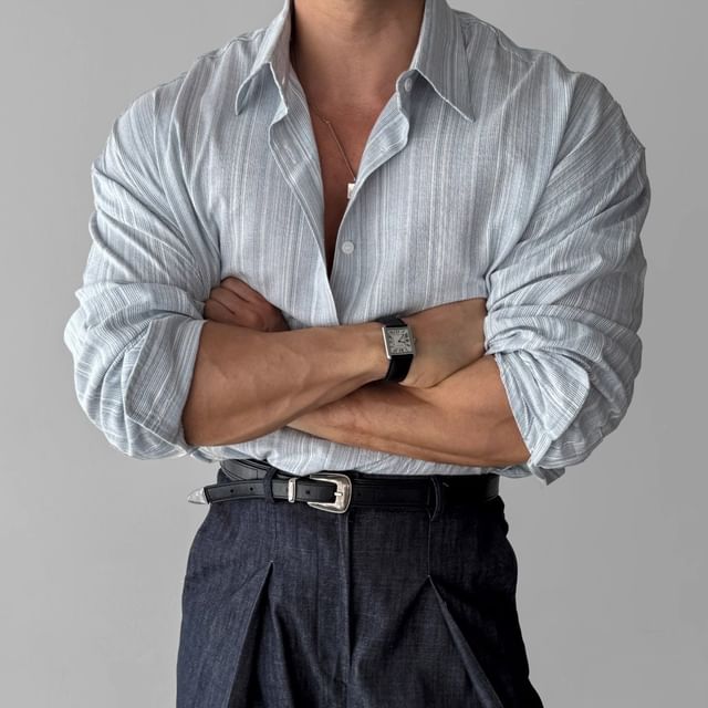 Nightbell-Long Sleeve Collared Striped Shirt