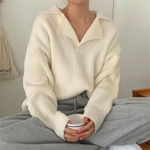 ISSOL-Lapel Collar Ribbed Sweater