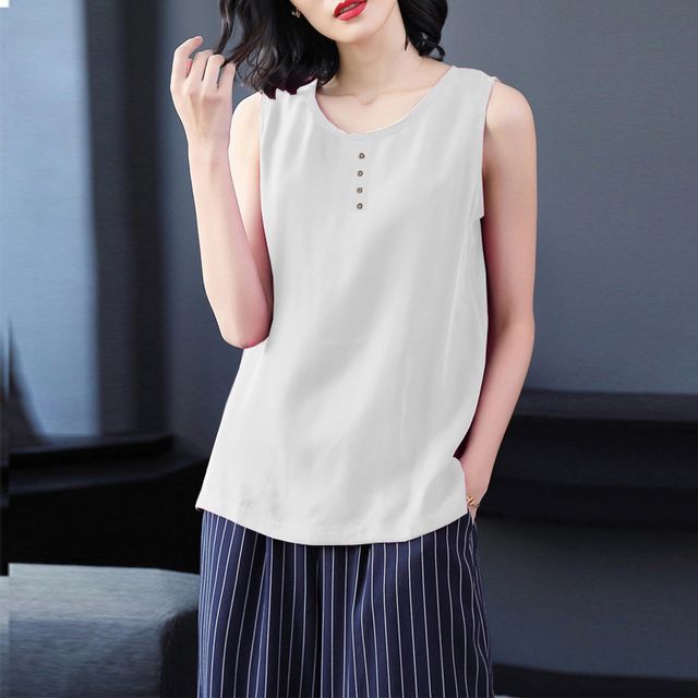 Everose-Henley Plain Tank Top