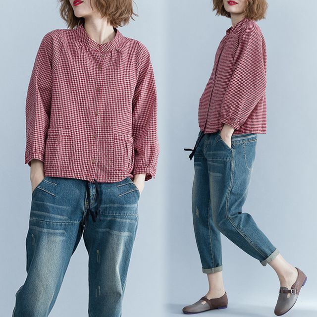 Lewwe-Balloon Sleeve Stand Collar Plaid Blouse