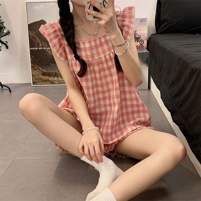 Siensien-Spaghetti Strap Plaid Pajama Set