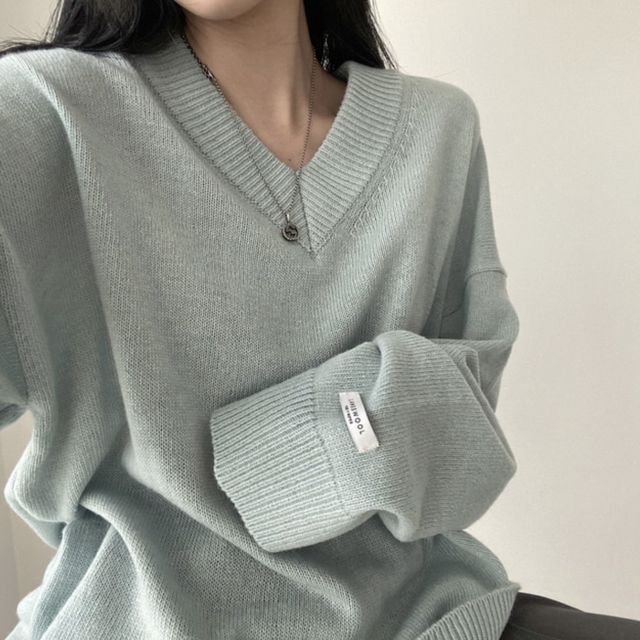 PINPI-V-Neck Plain Knit Sweater