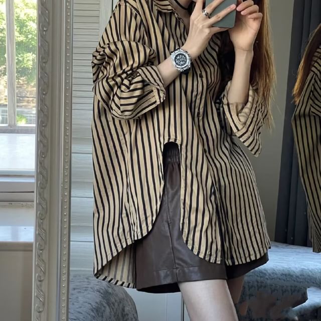 Sienne-Long-Sleeve Striped Slit Oversized Shirt