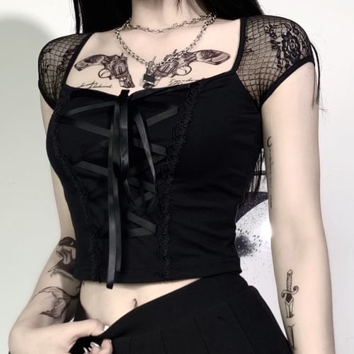 Black Longline Corset Top with Lace Cap Sleeve