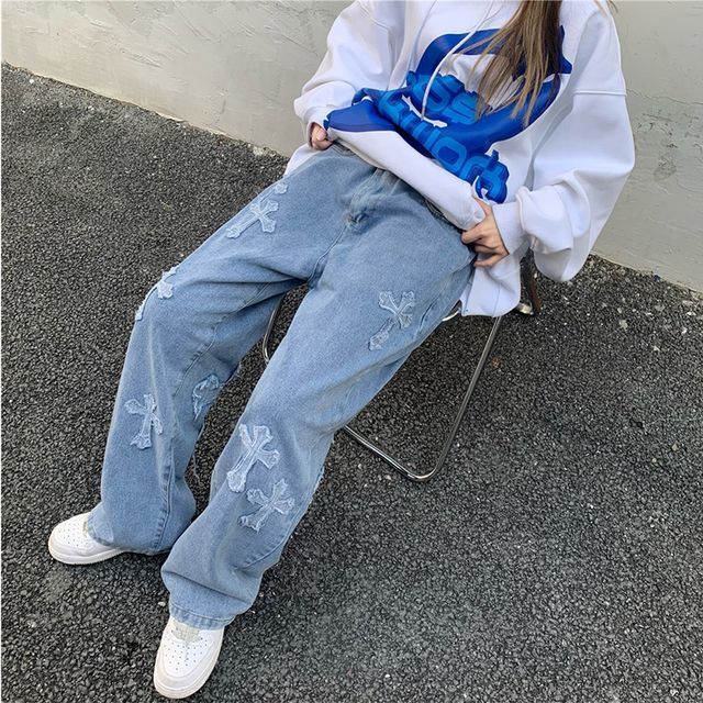 Cross Pattern Lose Rise Loose Fit Jeans 