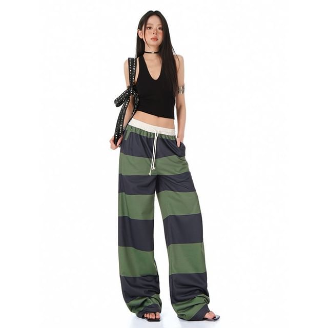 Denimot-Drawstring Waist Striped Baggy Pants