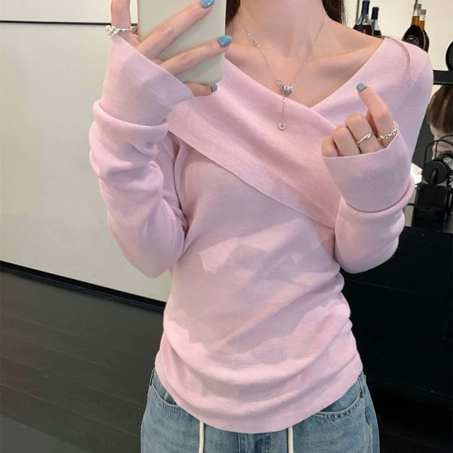Beem-Long-Sleeve V-Neck Plain Knit Top