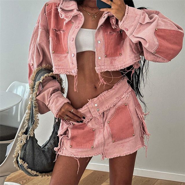 Mini Skirt Set Cropped Denim Jacket And Skirt Jean Skirt Jacket