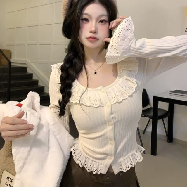 Strawolf Flared-Cuff Plain Lace Ruffle Button-Up Knit Top YesStyle