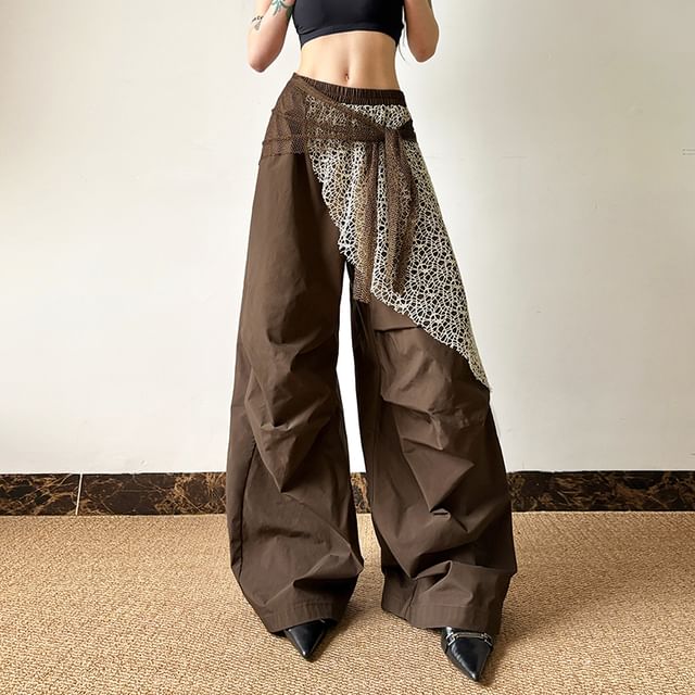Bababy-Elastic Waist Panel Lace Baggy Pants