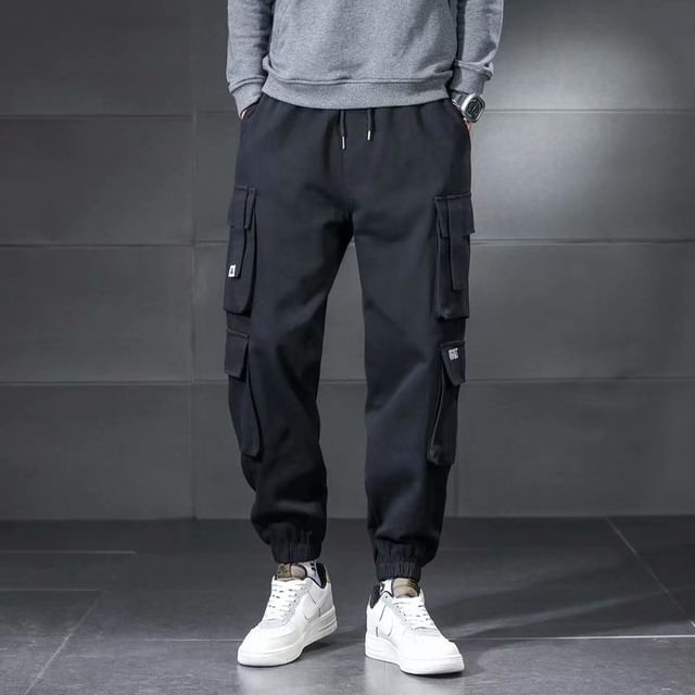 Wewewow-Mid Rise Plain Cargo Baggy Pants