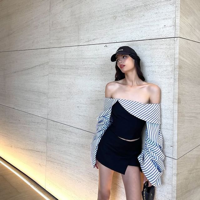 Bababy-Long-Sleeve Off Shoulder Striped Panel Crop Blouse