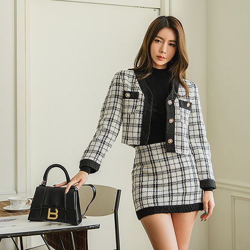 UUZONE - Set: Cropped Tweed Jacket + Miniskirt | YesStyle