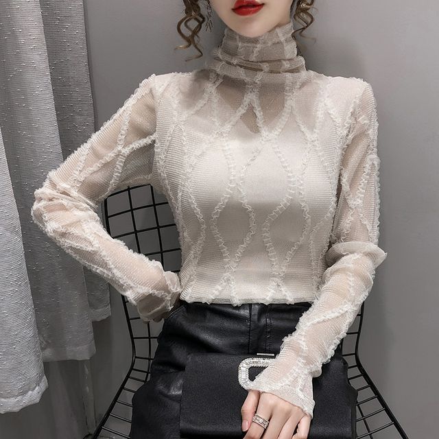 Sancus - Long-Sleeve Turtleneck Ruffle Mesh T-Shirt | YesStyle
