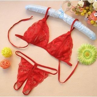 Hotty-Set Lace Bralette Crotchless Thongs