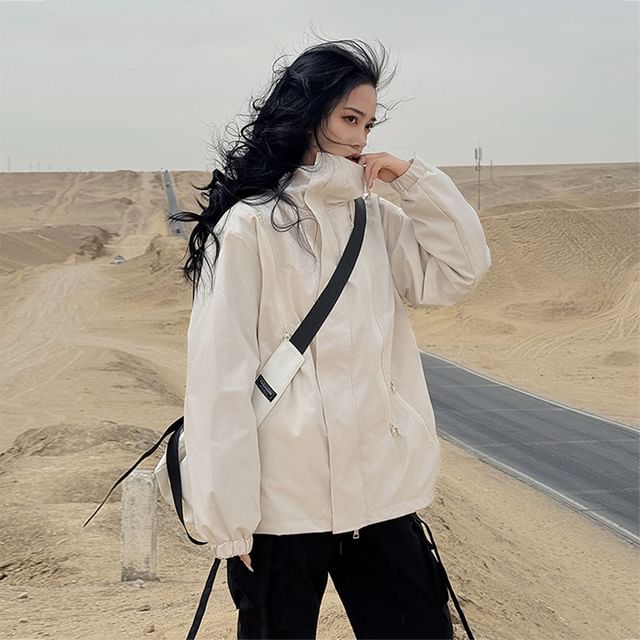Sienne-Hooded Stand Collar Plain Windbreaker Jacket