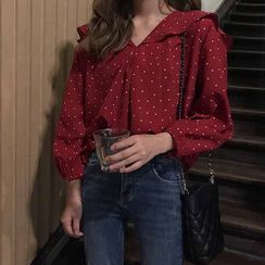 ZENME - Long-Sleeve Dotted V-Neck Blouse ZENME - Long-Sleeve Dotted V-Neck Blouse