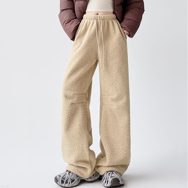evanesce-Drawstring Waist Plain Fleece Baggy Pants