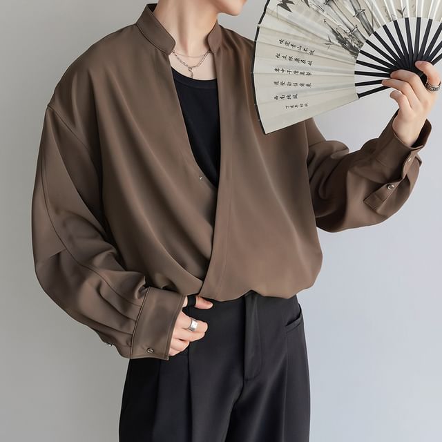 CHIC ERRO-Long Sleeve V-Neck Plain Wrap Shirt