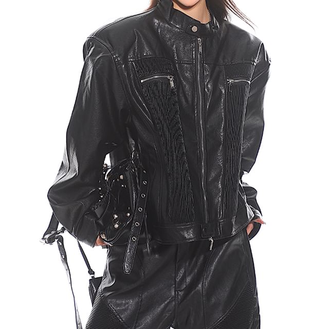 SPUCIKLEI-Band Collar Plain Panel Faux Leather Zip Jacket