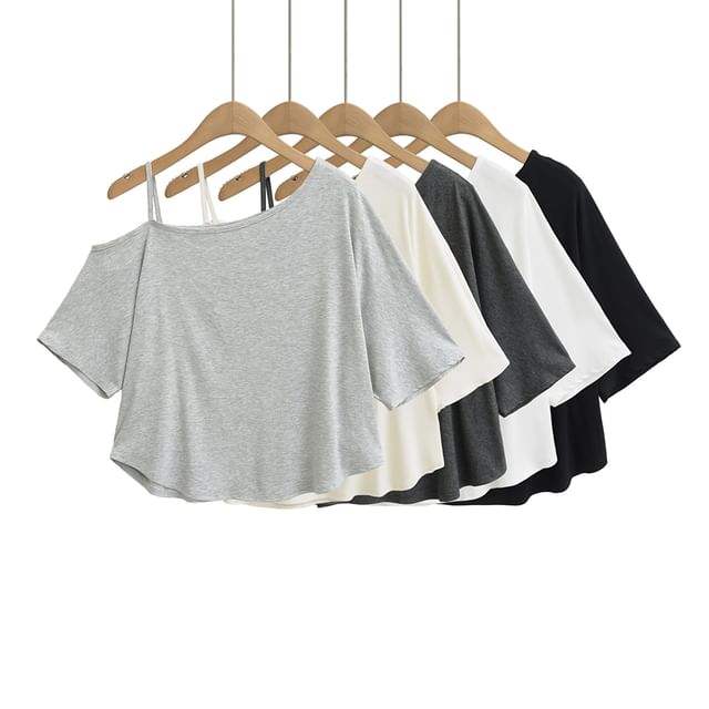Ulark-Elbow-Sleeve Cold Shoulder Plain T-Shirt