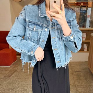 DEEPNY - Fray-Hem Cropped Denim Jacket 