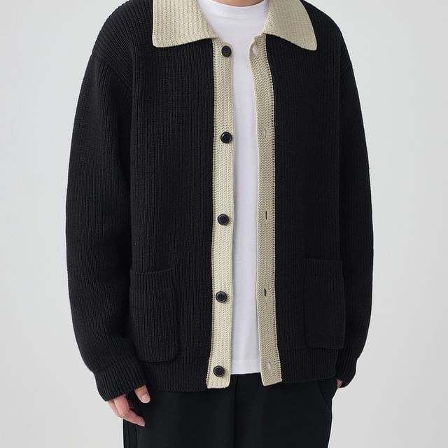 Urtishia-Collared Contrast Trim Button-Up Cardigan