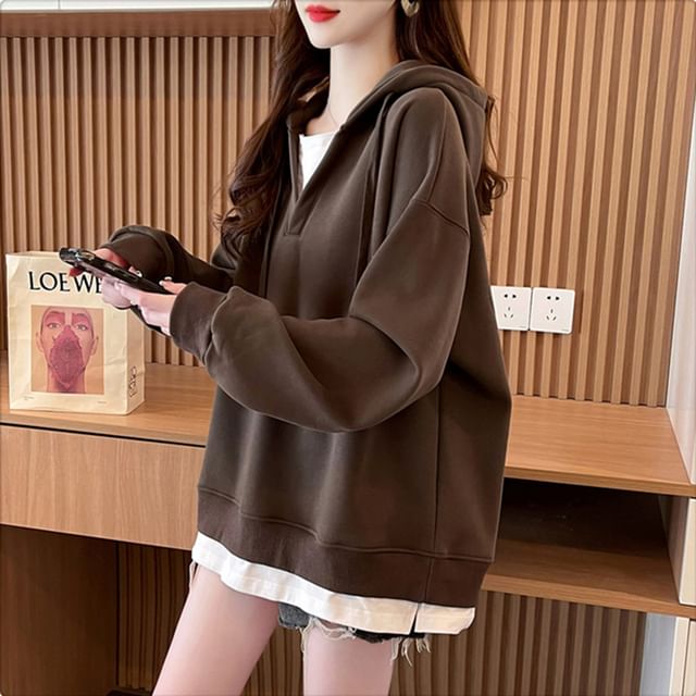 Cossita-Mock Two-Piece Round Neck Drawstring Oversized Hoodie