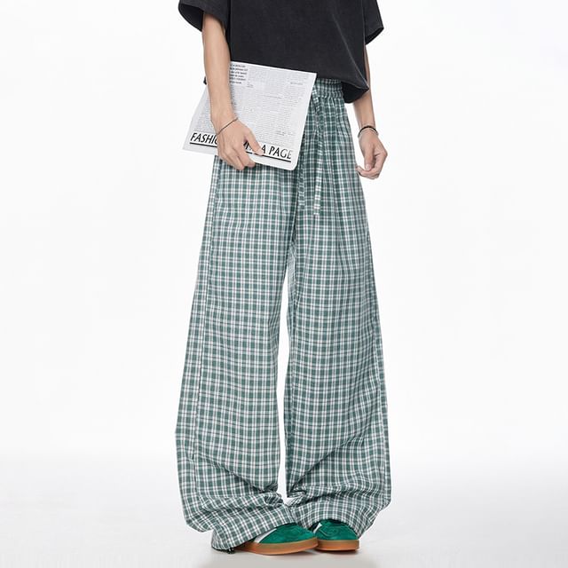 Koiyua-Drawstring Waist Plaid Wide Leg Pants